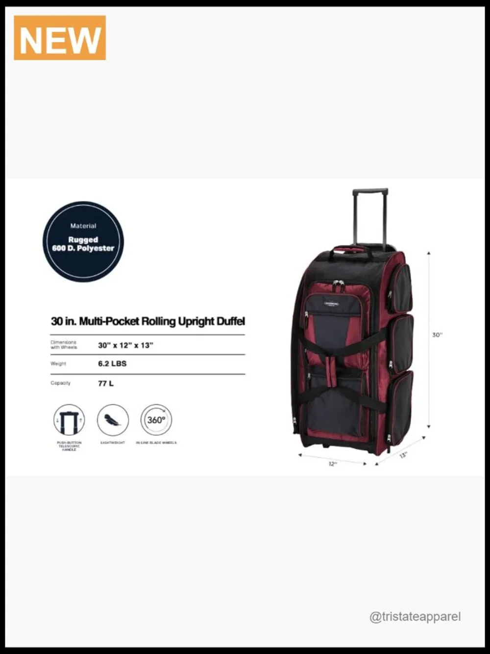 Extra-Large 30in Rolling Duffel Bag 77L Capacity Travel Luggage